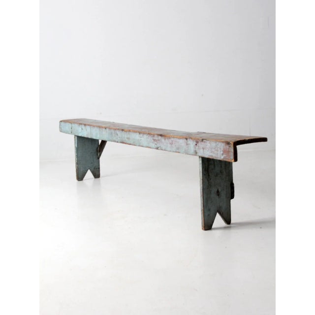 Farmhouse Antique Primitive Painted Blue Bench For Sale - Image 3 of 12