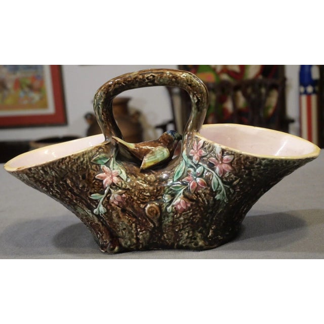 Late 19th Century Circa 1890 Continental Majolica Bird on Tree Trunk Form Basket Planter For Sale - Image 5 of 7