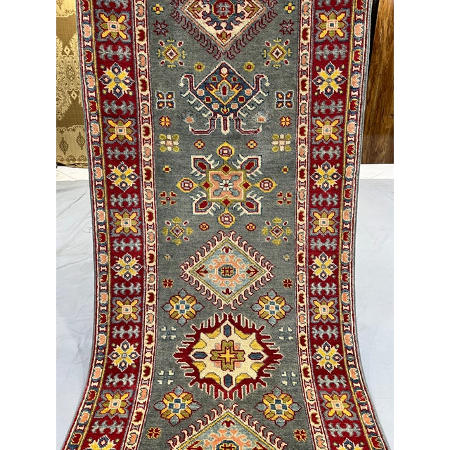 Gray and Red Tribal Wool Runner Rug With Geometric Medallions, 2'11
