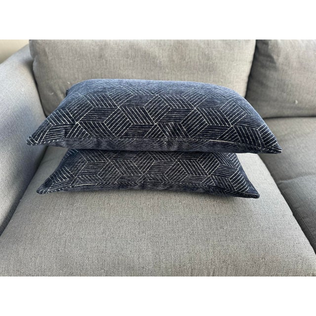 Modern Navy Geometric Print Decorative Pillows - Pair For Sale - Image 3 of 5