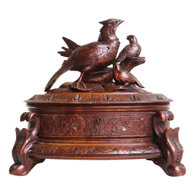 Large Antique 19th Century Swiss Black Forest Oval Jewelry Box in Walnut, 1880 For Sale