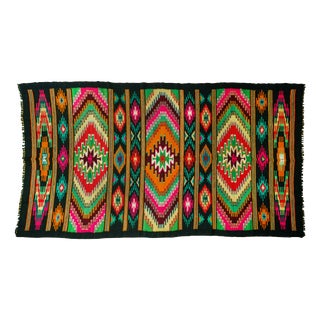 Vintage Romanian Handwoven Flatweave Runner Rug in Wool with Geometric Folk Pattern and Fringe, 1960s For Sale