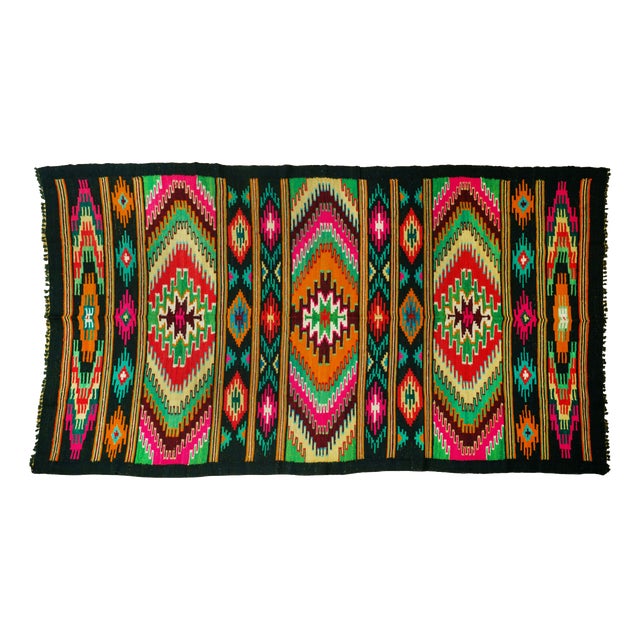 Vintage Romanian Handwoven Flatweave Runner Rug in Wool with Geometric Folk Pattern and Fringe, 1960s For Sale