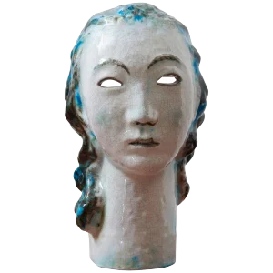 Ceramic Girl with Blue Hair Portrait by Erwin Spuler for Majolica Manufactory of Karlsruhe, 1930s
