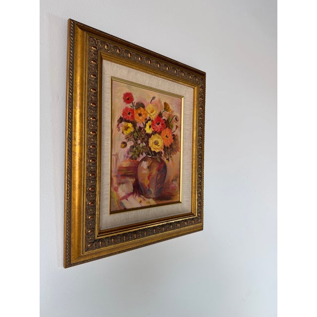 Abstract 1980's Vintage Impressionist Floral Still Life Oil on Canvas Board Painting – Framed & Signed For Sale - Image 3 of 12