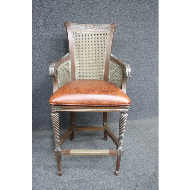 2010s Country French Cane & Leather Barstools/4 For Sale - Image 5 of 11