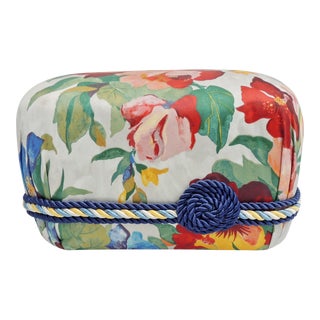 Puffy & Bright Floral Upholstered Pleated Foot Stool W/ Blue Rope Trim - Never Used For Sale