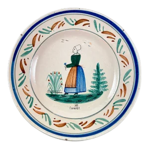 Hb Quimper Grand Maison Breton Woman in Green, Blue & Brown Dress - Circa 1910
