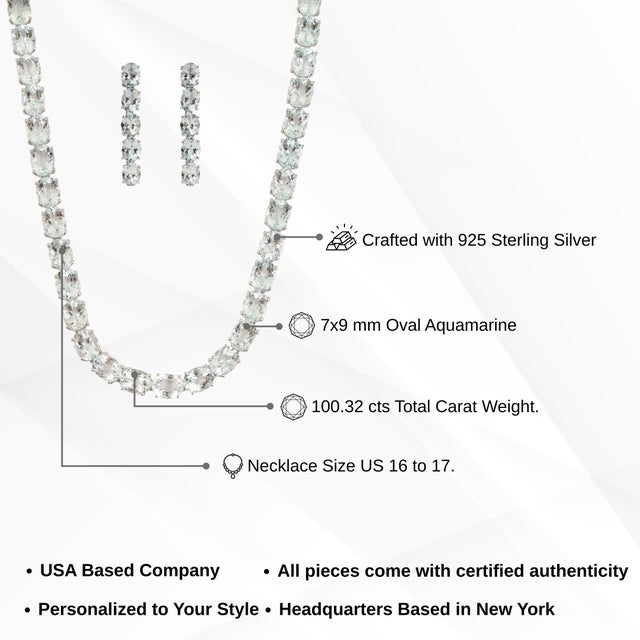 19th Century Style 100.3 Ct Aquamarine Silver Rivière 18 Inch Necklace & Drop Earrings - 3 Pieces For Sale - Image 13 of 15