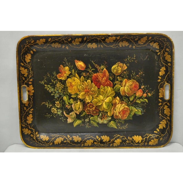 Antique French Country Tole Metal Hand Painted Floral Large Serving Platter Tray For Sale - Image 15 of 15