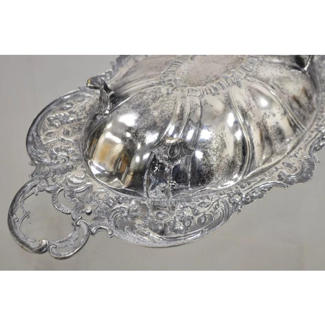 Vintage English Victorian Floral Repousse Ornate Twin Handle Footed Dish Bowl For Sale - Image 9 of 12