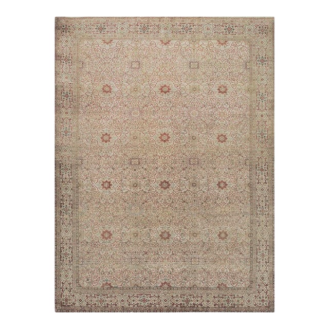 1920s Beige Ground Antique "Crisp Design Logic Knotted Wool Persian Tabriz Rug For Sale