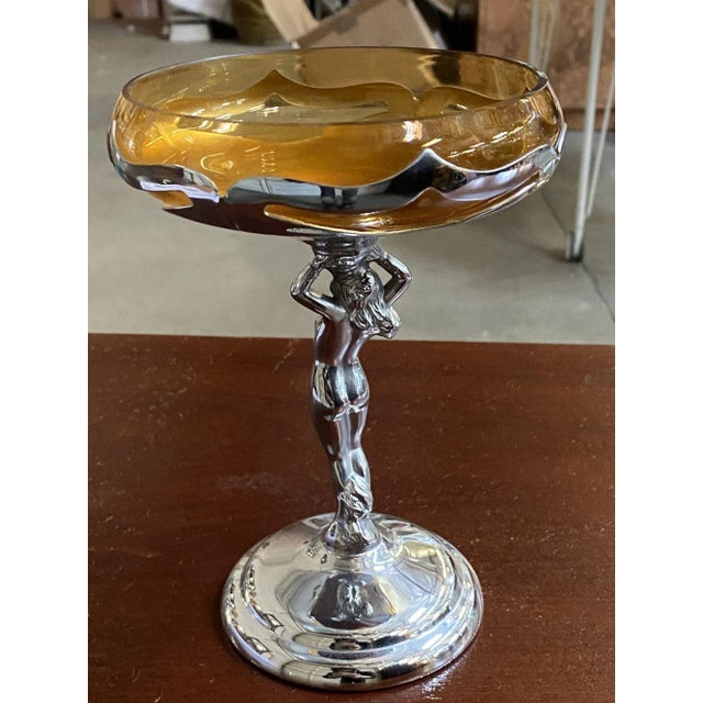 Chrome 1930s Chrome Farberware Nude Women Art Deco Compote with Amber Glass Cup For Sale - Image 8 of 11