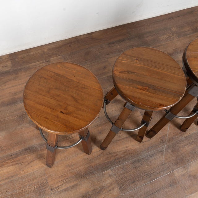 Industrial Set of Four 20th Century Pine and Metal Industrial Barstools For Sale - Image 3 of 12