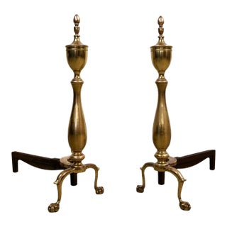 1930’s Solid Brass & Iron Andirons by Bennett - A Pair For Sale
