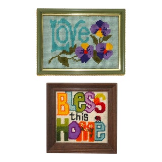 Framed Vintage 'Love' & 'Bless This Home' Needlepoints, a Pair For Sale