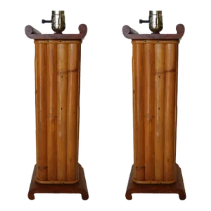 Pair of 1950s Restored Demi Inspired Rattan and Mahogany Table Lamps, Pair