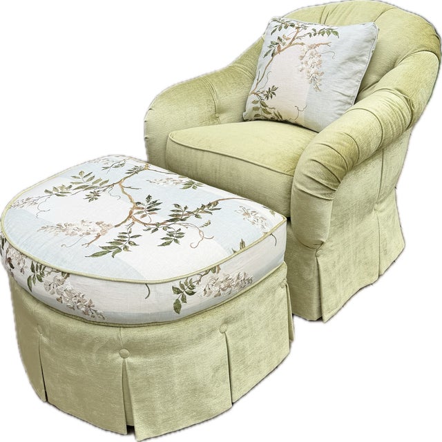 Custom Tufted Green Lounge Chair & Ottoman Set in Floral Colefax and Fowler For Sale - Image 10 of 18