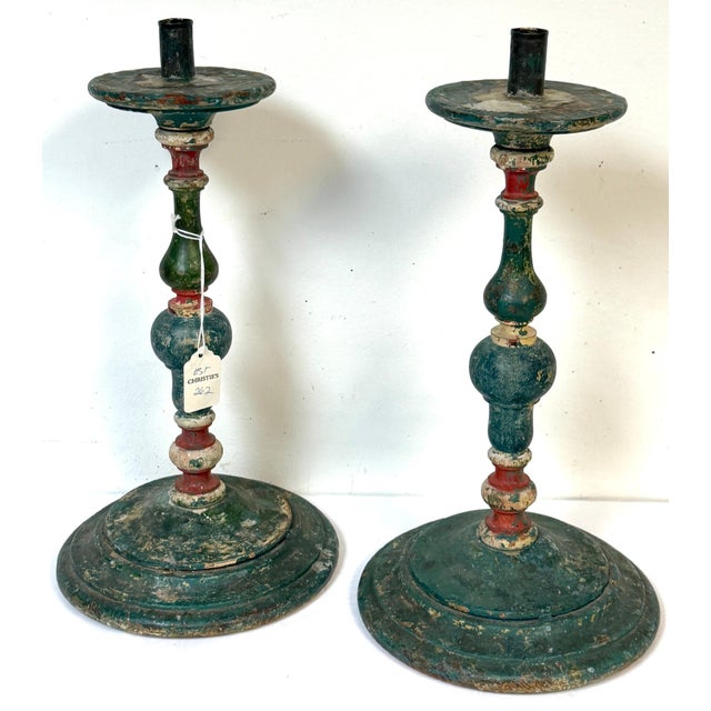 Pair Tuscan Polychrome Wooden Altar Candlesticks, Worn Patina, 18th / 19th C. This striking pair of Italian polychrome...