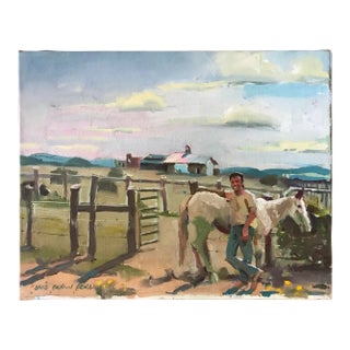 Cowboy and His Horse, About to Saddle Up for a Trail Ride Oil Painting For Sale