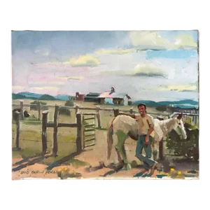 Cowboy and His Horse, About to Saddle Up for a Trail Ride Oil Painting