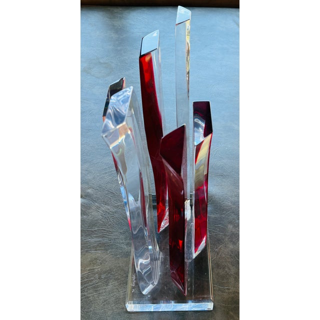 Vintage David Muniz 23" Ruby Red & Clear Lucite Art Sculpture 1996, Signed. Rare For Sale - Image 9 of 14