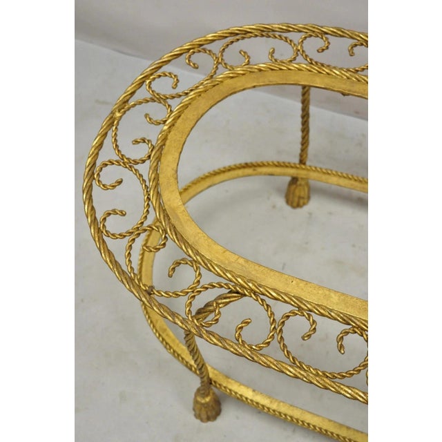 Mid 20th Century Italian Hollywood Regency Gold Gilt Iron Oval 2 Tier Rope Tassel Coffee Table For Sale In Philadelphia - Image 6 of 10