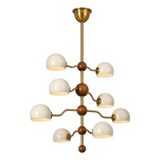 8 Light Brass Dome Chandelier, Mid Century Tiered Pendant Light, Cream Shade Ceiling Fixture, Sculptural Dining Room Lighting For Sale