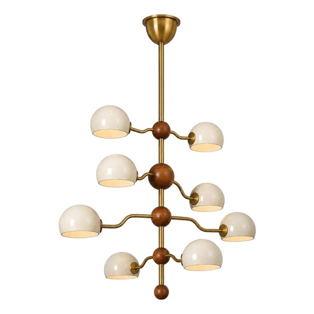 8 Light Brass Dome Chandelier, Mid Century Tiered Pendant Light, Cream Shade Ceiling Fixture, Sculptural Dining Room Lighting For Sale