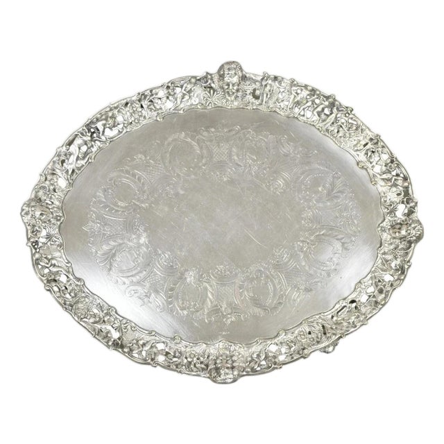 Mid 19th Century French Renaissance Bacchanal Scene Silver Plated Bacchus Figural Salver Tray For Sale