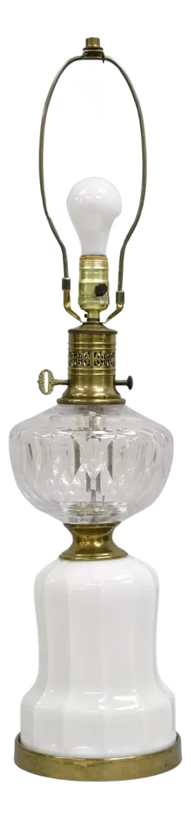 Antique Victorian Coin Dot Crystal Glass & Milk Glass Lantern Table Lamp