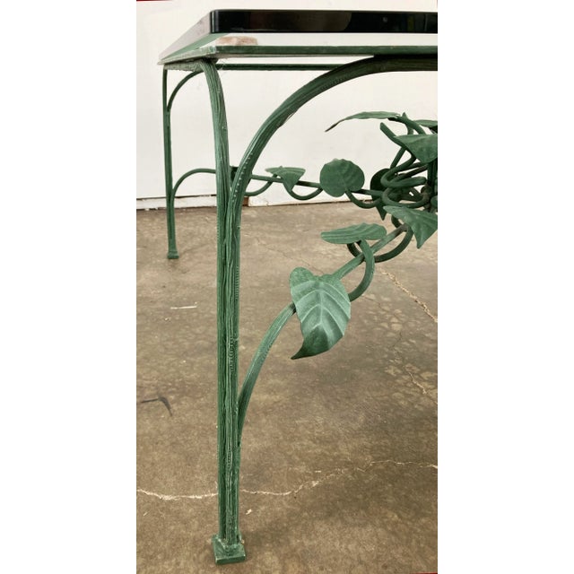 Metal Vintage Green Leaf Motif Iron Glass Top Coffee Table For Sale - Image 7 of 9