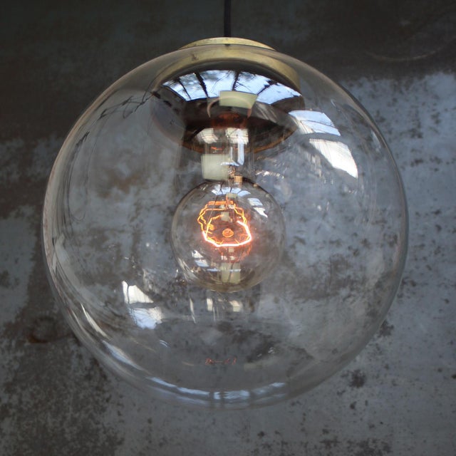 Large Vintage Clear Glass and Brass Globe Pendant Light For Sale - Image 4 of 7