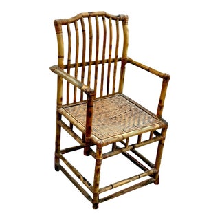 McGuire Style Scorched Bamboo Rattan Arm Chair Reed Woven Seat For Sale