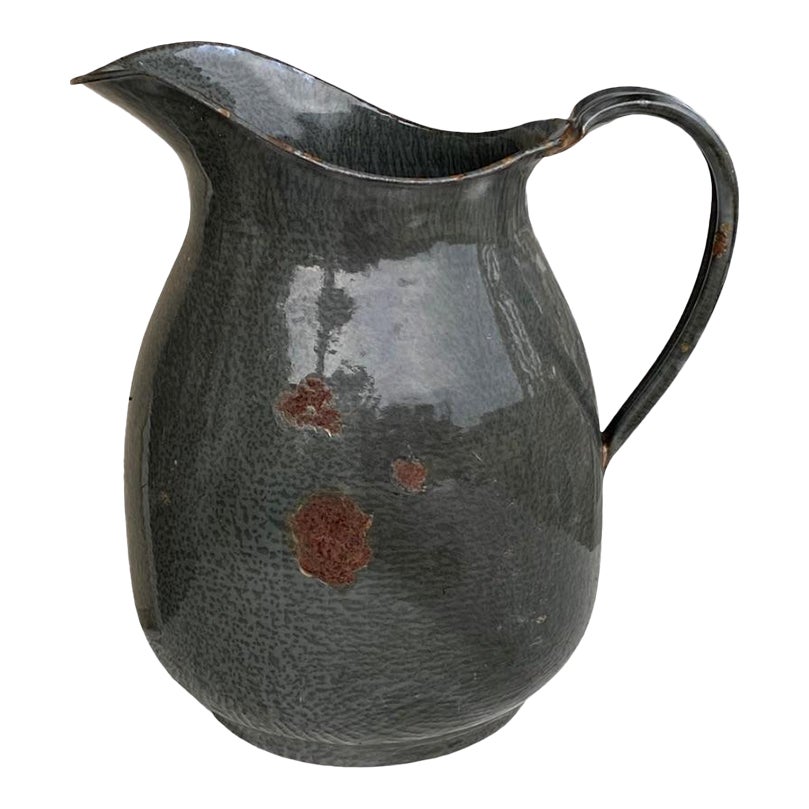 Vintage Rustic Enameled Large Gray Pitcher | Chairish