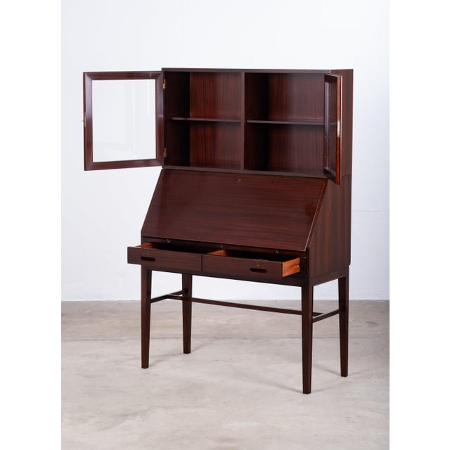 Vintage Mahogany Secretaire with Display Cabinet by Kai Winding for P. Jeppesen, 1950s For Sale - Image 3 of 15