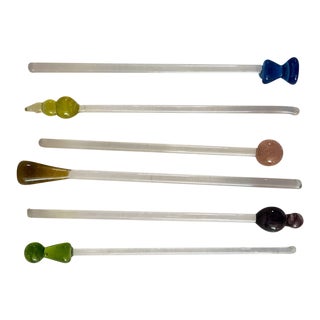 Neiman Marcus Hand-Blown Art Deco Swizzle Sticks Cocktail Stirrers - Set of 6 For Sale