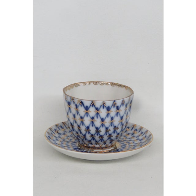 Lomonosov Demitasse Cobalt Net Blue Bone China Tea Cup and Saucer Set 4652b For Sale - Image 12 of 14