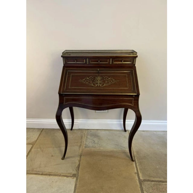 Antique French Victorian Rosewood & Brass Inlaid Bureau, 1860 For Sale - Image 6 of 8