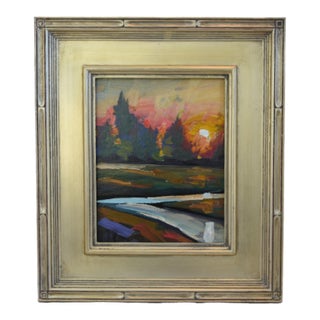William Hawkins Moonlight Landscape Painting Including the Antiqued Silver Wood Frame For Sale
