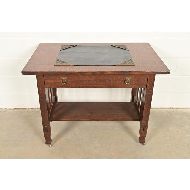 Tiffany Studios New York Pine Needle Bronze Blotter Corners With Leather Desk Blotter For Sale - Image 9 of 10