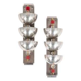 Antique Art Deco Large Silver Metal Wall Sconce Lamps, 34” For Sale