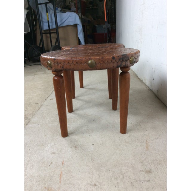 Mid Century Modern Embossed Leather and Teak Coffee Table and Matching Stools For Sale - Image 17 of 18