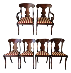 Mid 20th Century Set of 6 Hickory Chair Co. American Empire Style Cherry & Upholstered Dining Chairs