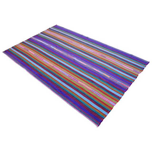 Bright Multi Color Striped Turkish Rug, 5'6x8'6 Authentic Village Kilim, Mid Century Modern Home Decor For Sale - Image 4 of 12