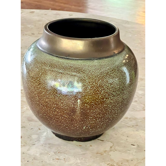 Gorgeous and truly unique vintage hand-crafted vase with speckled glaze Brown with green speckles Burnished gold glaze at...