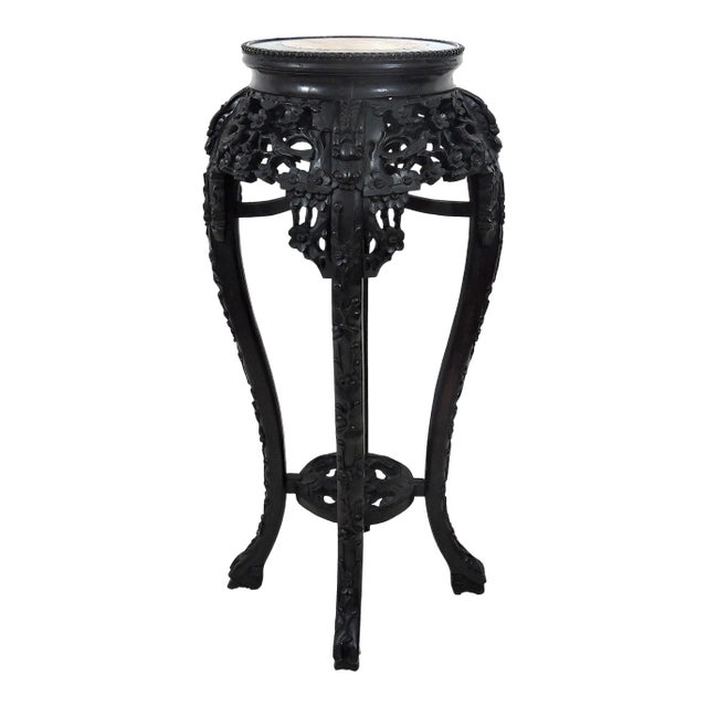 Antique Chinese Carved Rosewood & Inset Marble Top Four Dragons Pedestal or Plant Display Stand For Sale