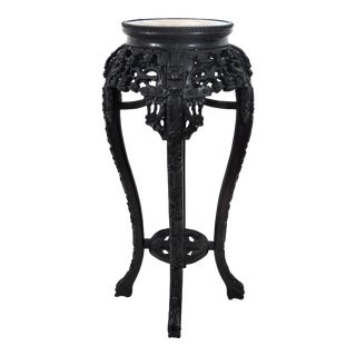 Antique Chinese Carved Rosewood & Marble Four Dragons Pedestal or Plant Display Stand For Sale