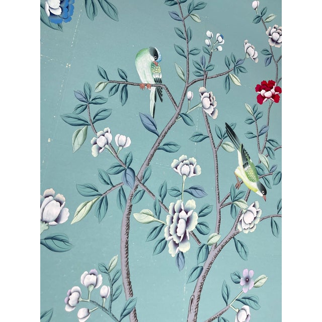 Hand Painted Dusty Blue Chinoiserie Floral & Bird Mural 4-Panel Set For Sale - Image 4 of 5