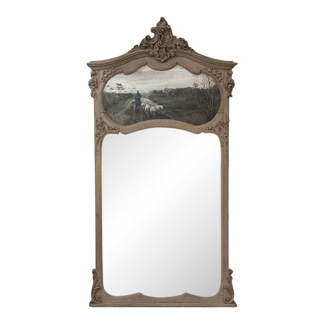 19th Century Country French Louis XV Stripped Oak Trumeau Mirror For Sale